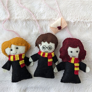 Handmade felt ornaments Harry Potter Ron Hermione Hogwarts themed Christmas orna